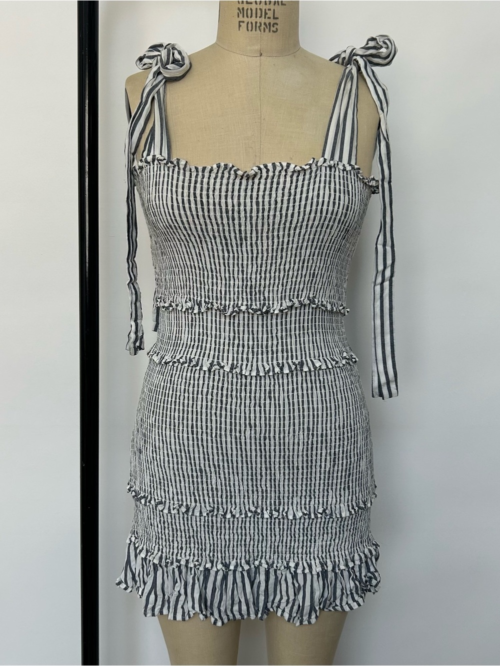 Striped Tie-Shoulder Smocked Mini Dress - Black/White